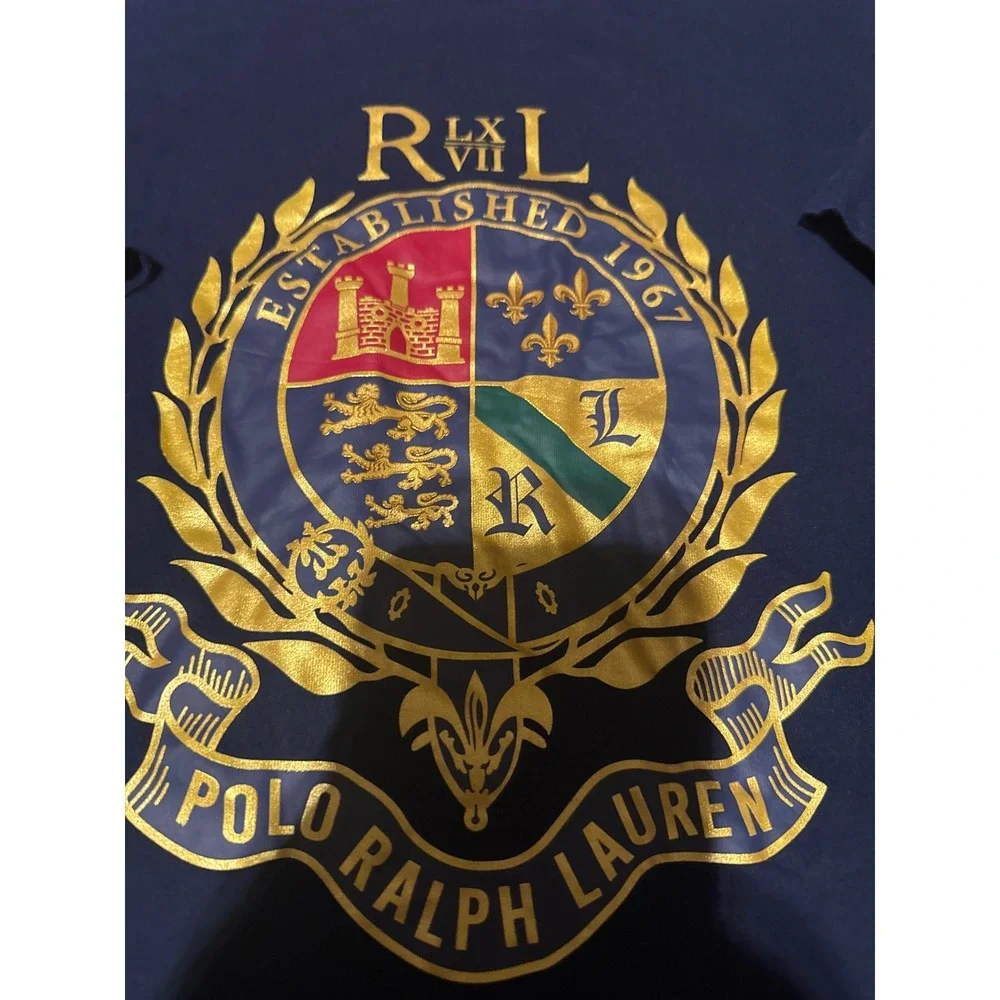 Polo Ralph Lauren Navy Blue XL Gold Crest Graphic T-Shirt Established 1967 Men's